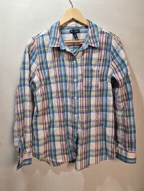 Gap Boyfriend Fit Linen Blend Pink & Blue Plaid Button Up Long Sleeve Sz M
